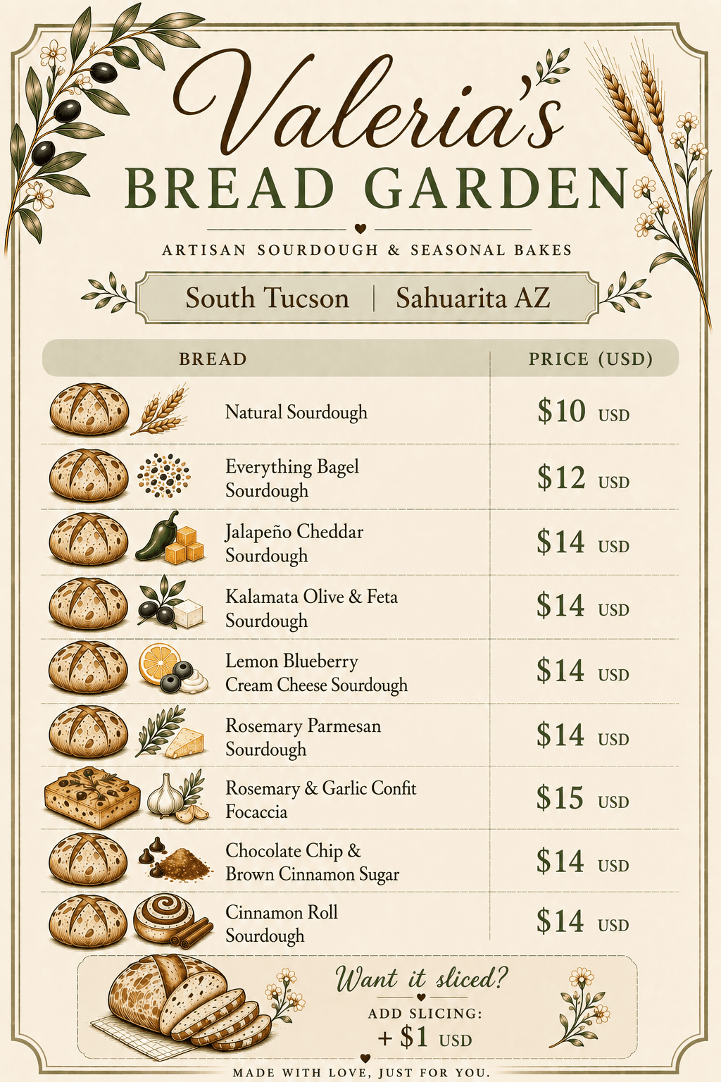 Valeria's Bread Garden menu — South Tucson / Sahuarita, AZ